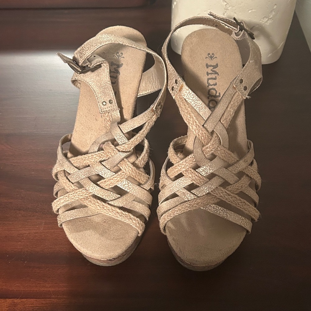 Mudd Metallic Tan Wedge Sandals